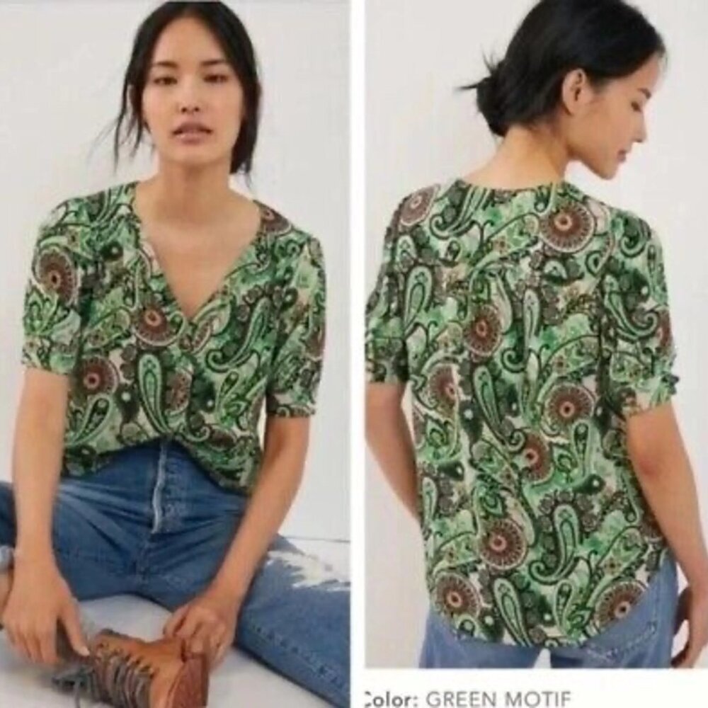 Anthropologie Maeve Green Brown Paisley Button Up Short Sleeve Top